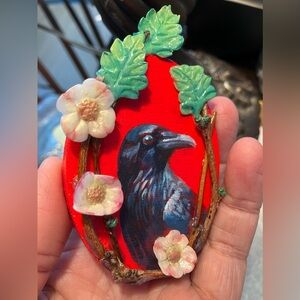 Original Raven crow art bird painting sculpture ooak handmade artwork red decor